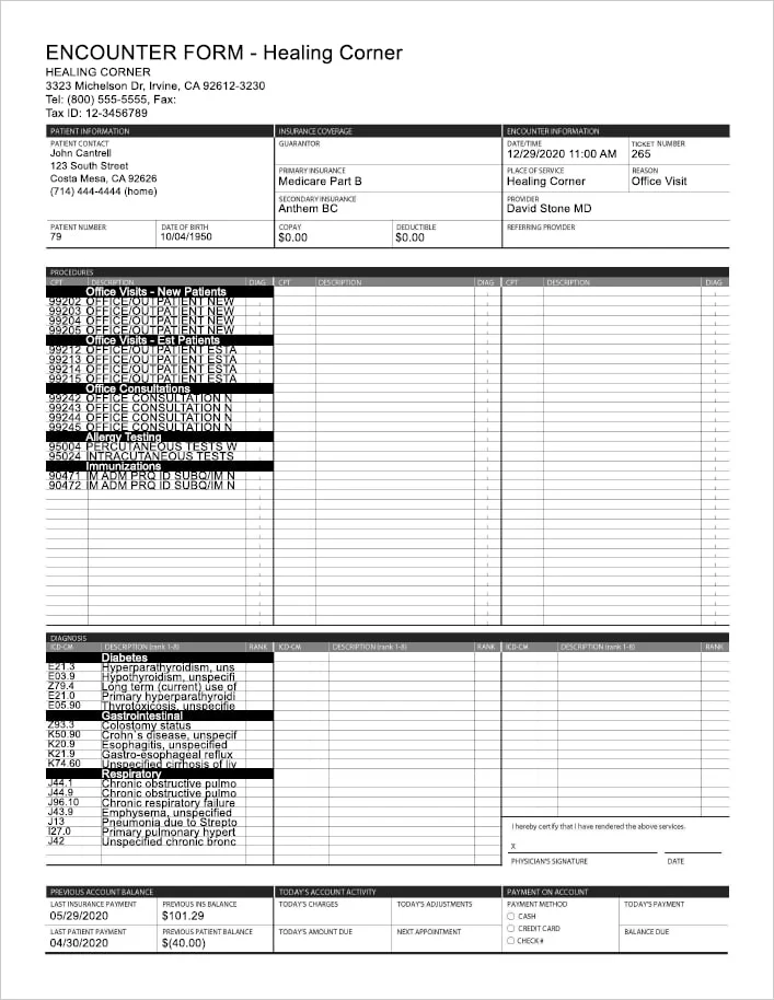 An encounter form titled Healing Corner with patient and insurance details, provider information, date, and type of service. It includes checkboxes for various office visit codes and a section for charges and payments, with a total balance at the bottom.