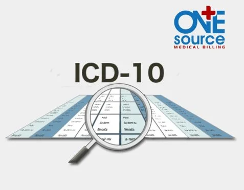 Illustration of a magnifying glass over a grid of medical billing codes under the text ICD-10 with One Source Medical Billing logo in the top right corner. The grid is shown in shades of blue and gray with visible text within individual cells.