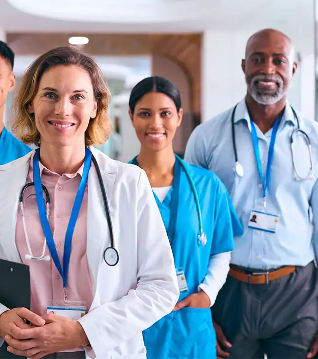 A diverse group of healthcare professionals stands in a hallway. A woman in a white coat holds a clipboard, flanked by a man and woman in blue scrubs and a man in a light blue shirt, all wearing stethoscopes and ID badges, smiling at the camera.