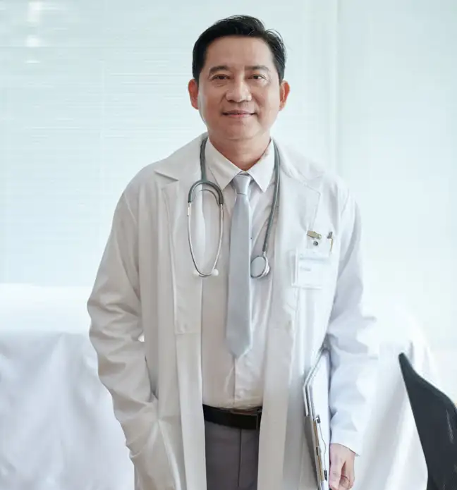 A doctor in a white coat and stethoscope around his neck holds a clipboard. He stands in a well-lit medical office, smiling and looking at the camera.