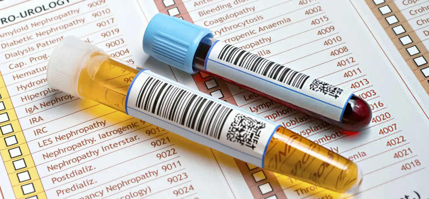 A yellow-capped test tube containing a yellow liquid and a blue-capped test tube with a red liquid are placed on a form with medical tests listed. Both tubes have barcode labels. The form lists tests related to nephrology and urology.