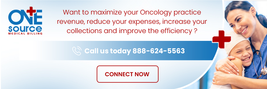 Banner for One Source Medical Billing showing a smiling nurse hugging a child. Text offers services to maximize oncology practice revenue and efficiency, with a phone number to call and a red “Connect Now” button.