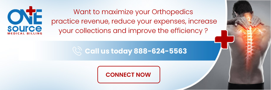 Banner for One Source Medical Billing with text about maximizing orthopedics practice revenue; includes a phone number, a red CONNECT NOW button, and an image of a person holding their back with a highlighted spine.