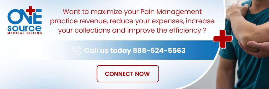 Banner for One Source Medical Billing with text promoting pain management practice efficiency, featuring a call-to-action to call 888-624-5563 or connect now, and an image of a person holding their shoulder.