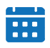 A blue calendar icon with two tabs at the top and six square date boxes in the middle.